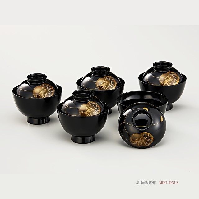 輪島塗　吸物椀   卵形　黒塗 　鼓蒔絵　5客揃え（code:1163） Urushi Art Wajimanuri　covered Soup Bowl