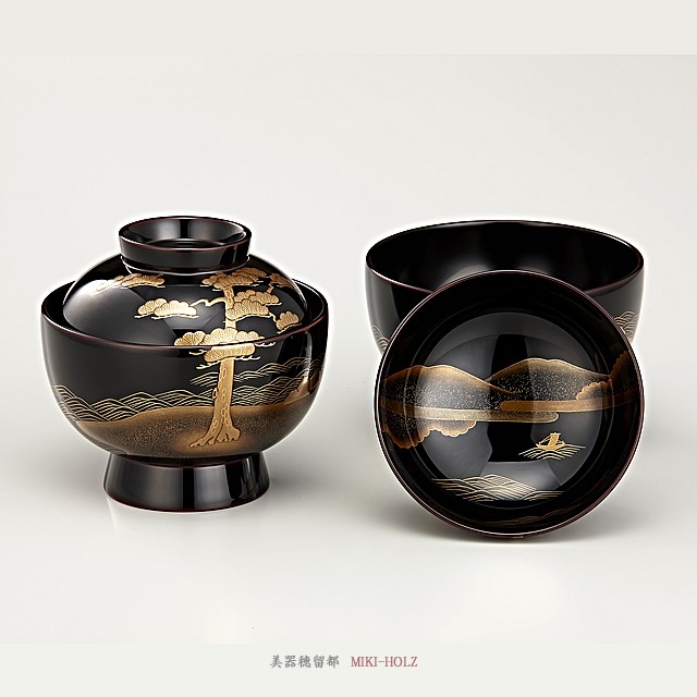 輪島塗　雑煮椀 夫婦　溜内黒塗　松島蒔絵（桐箱入り）/ Urushi Art Wajimanuri：Soup bowl zouni-wan, pair bowl (code:1197)