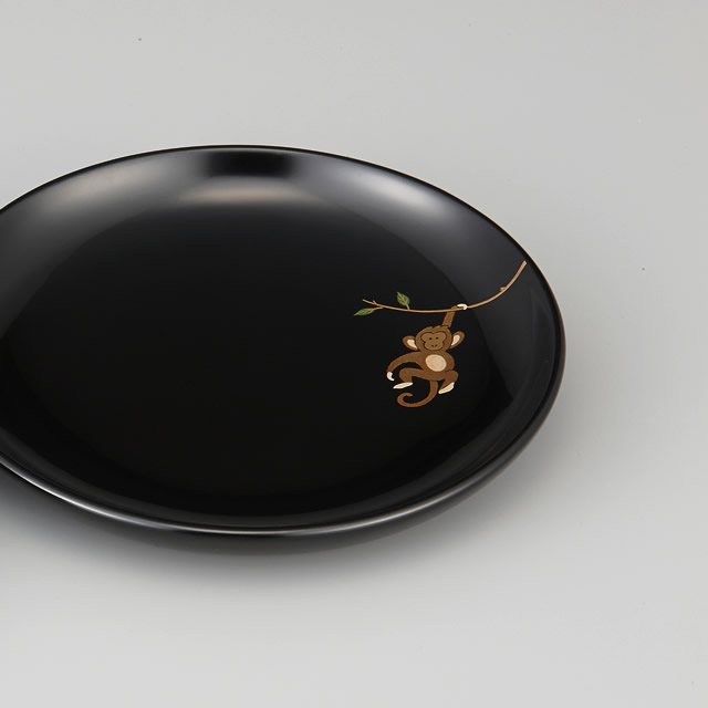 輪島塗　銘々皿　干支 申蒔絵　黒　〔５寸丸〕  １枚 紙箱入