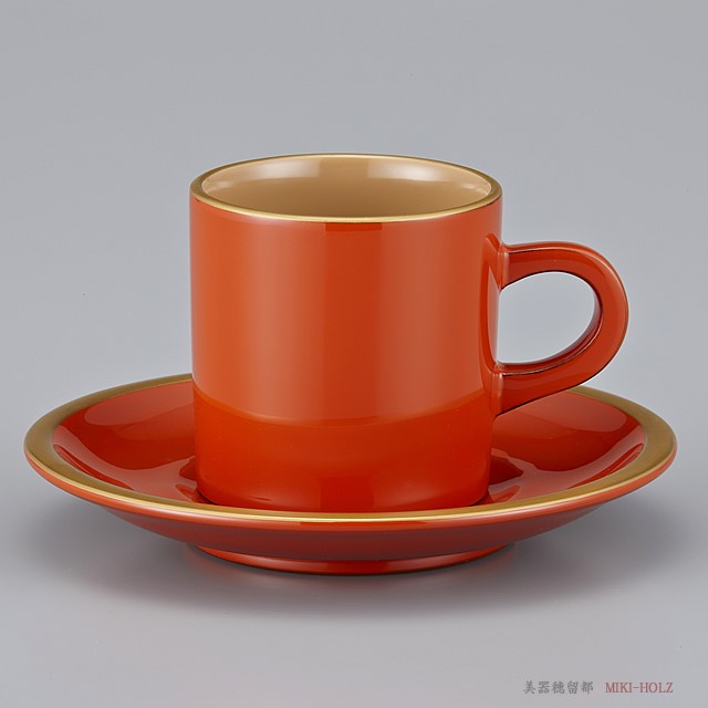 輪島塗　コーヒーカップ 金縁蒔絵　洗朱内白　漆塗りスプーン付き（紙箱入） (code:1906arai)