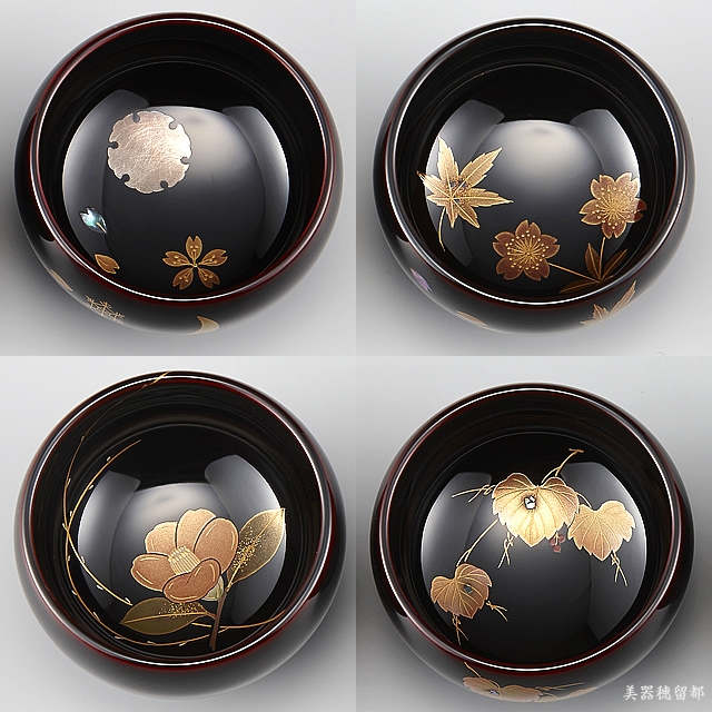輪島塗　ぐい呑み　溜塗り　草花季節蒔絵 １客
