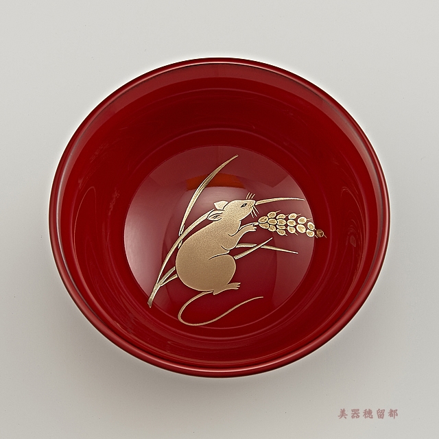 輪島塗 ぐい呑み 干支・子蒔絵  朱（端反り大形）  桐箱入り