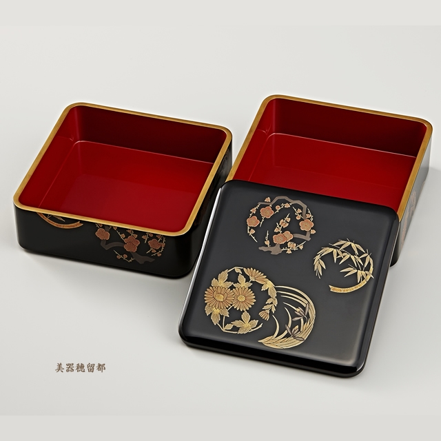 輪島塗　重箱　二段重 （6.5寸隅丸形） 黒内朱　花丸蒔絵