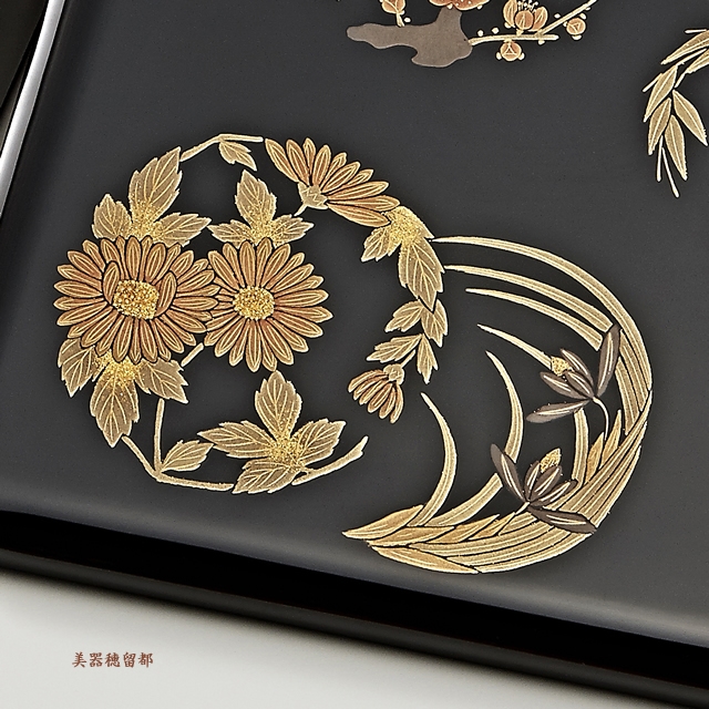 輪島塗 重箱 二段重 6 5寸隅丸形 黒内朱 花丸蒔絵