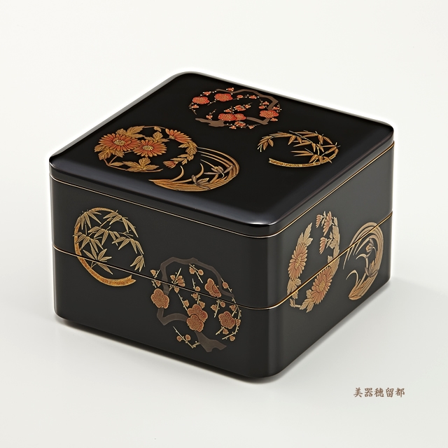 輪島塗　重箱　二段重 （6.5寸隅丸形） 黒内朱　花丸蒔絵