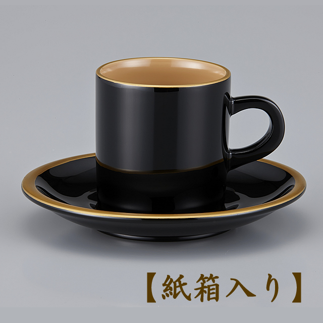 輪島塗　コーヒーカップ　金縁蒔絵　外黒内白　漆塗りスプーン付き  (code:1906kuro)