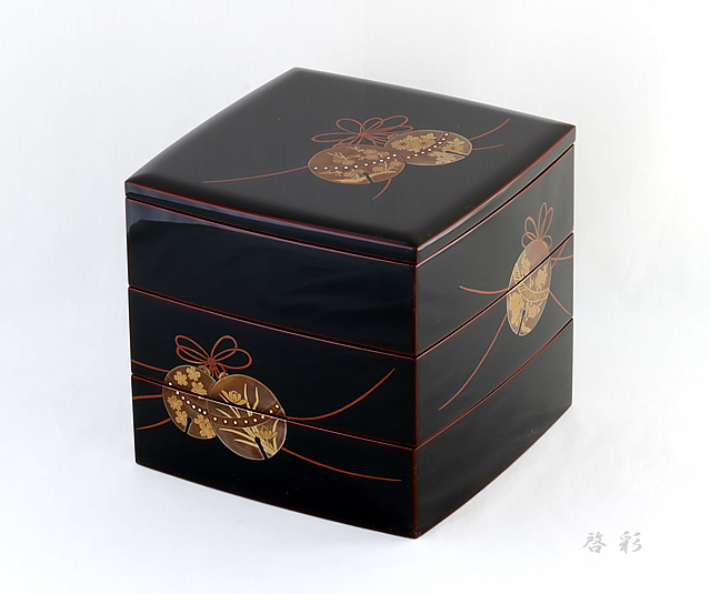輪島塗 三段重 6.5寸 溜内朱 鈴蒔絵 啓彩作 蒔絵:垣内清三